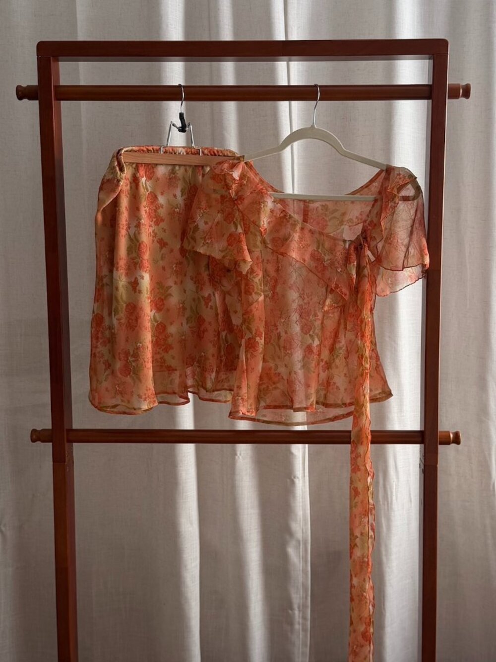 Vintage Sheer Floral Two Piece Skirt Set | Peach Ruffle Blouse + Midi Skirt